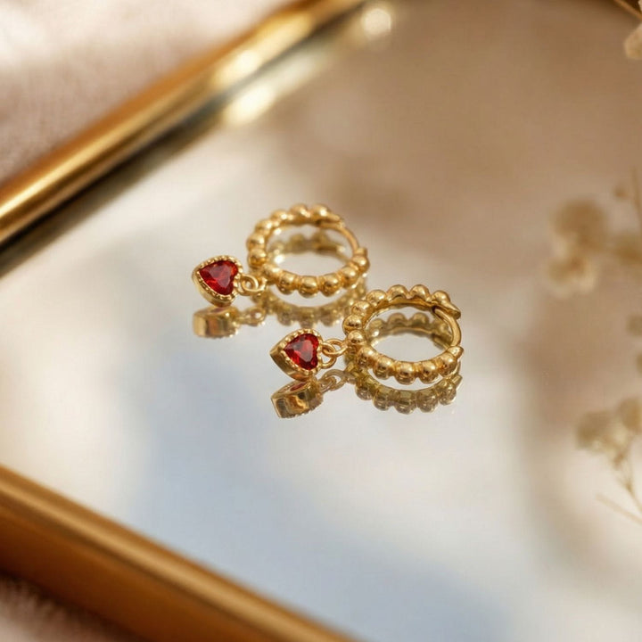 Beaded Heart Huggie Set Gold