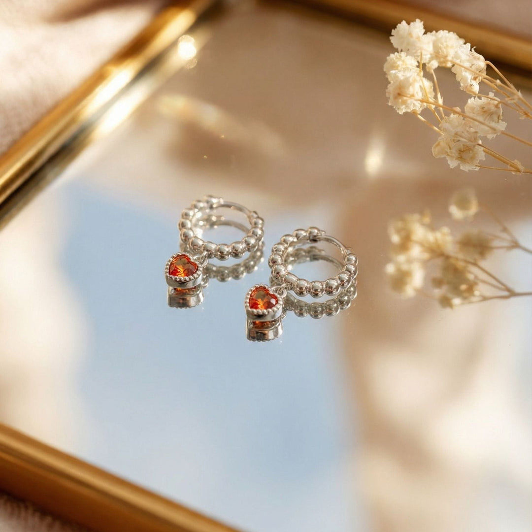 Beaded Heart Huggie Set Silver