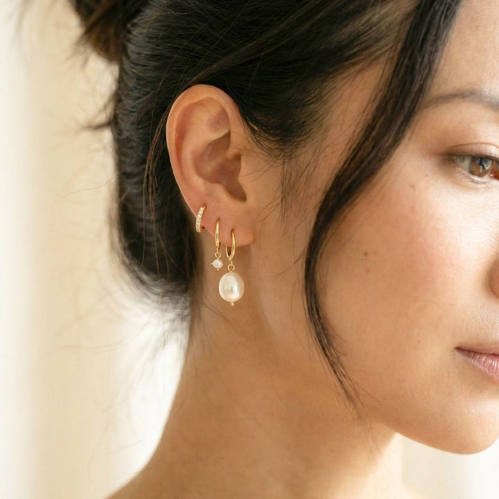 Sophie Gold Pearl Drop Earrings with pave huggie