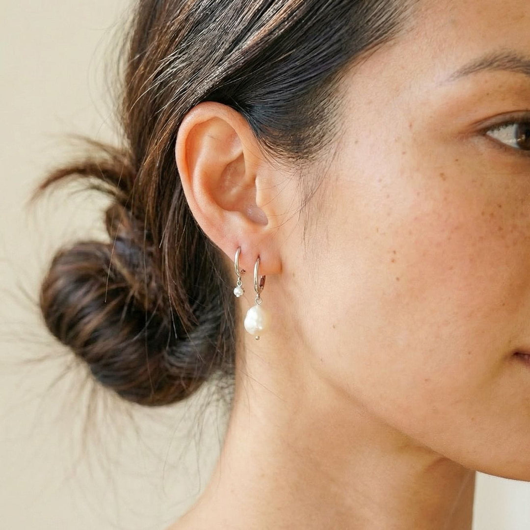 Silver pearl earring stack