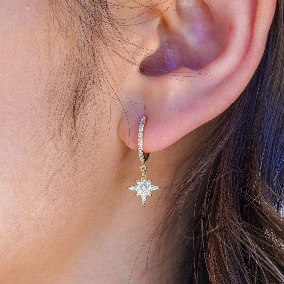 Astrid Starburst Gold Drop Huggie Hoop Earrings-Sterling Silver Earrings-LYANG & CO.