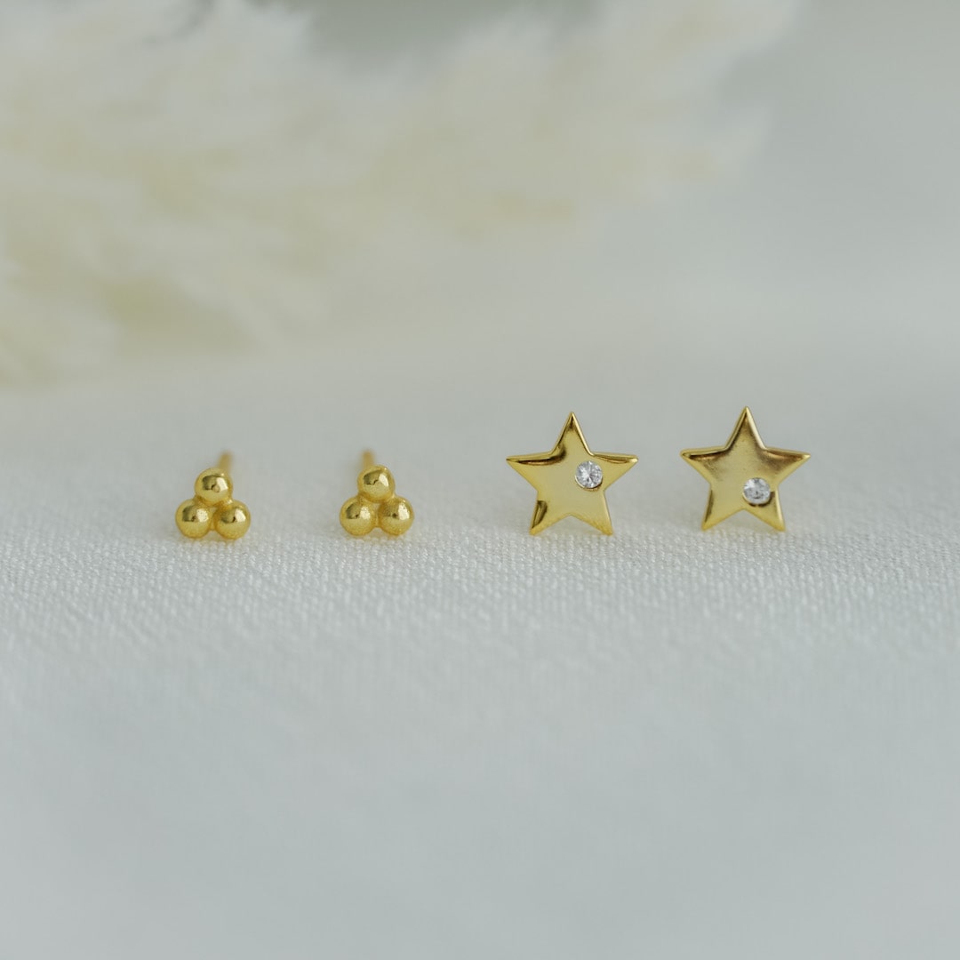 Trinity Mini Ball Gold Stud Earrings-Sterling Silver Earrings-LYANG & CO.