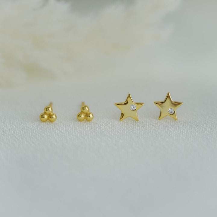 Trinity Mini Ball Gold Stud Earrings-Sterling Silver Earrings-LYANG & CO.