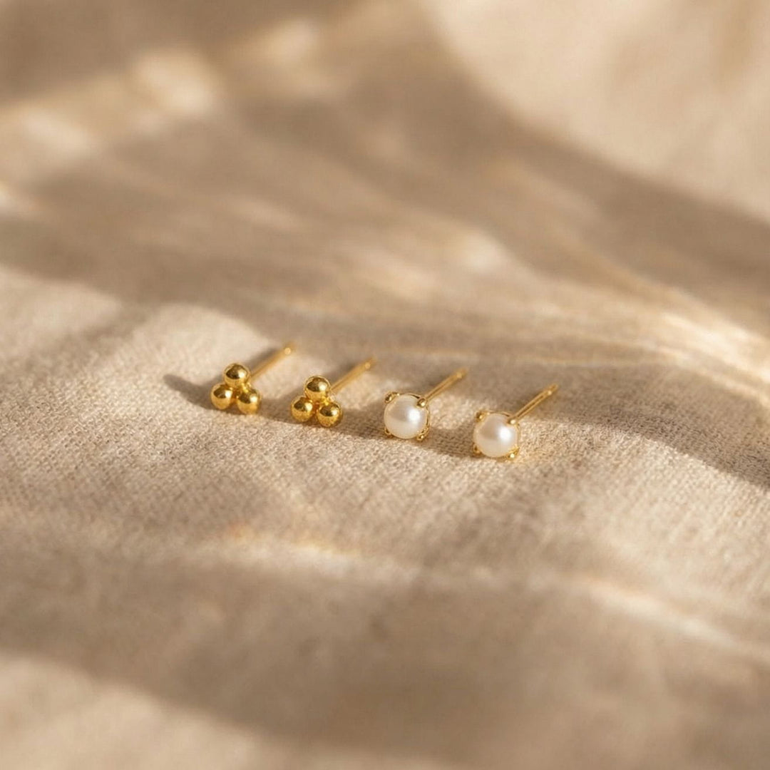 dainty pearl stud & trinity ball stud