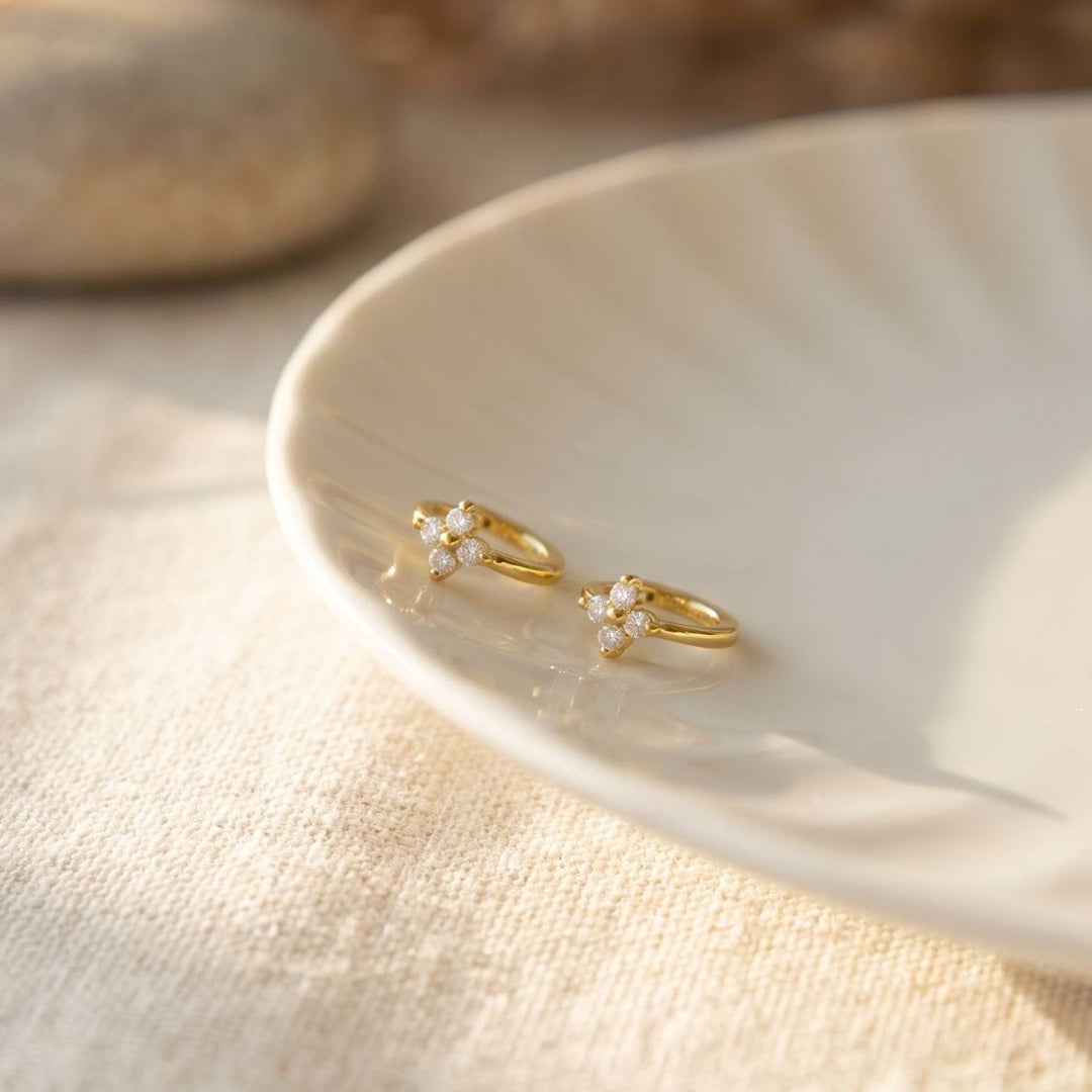 Veya Gold Floral Sparkle Huggie Earrings