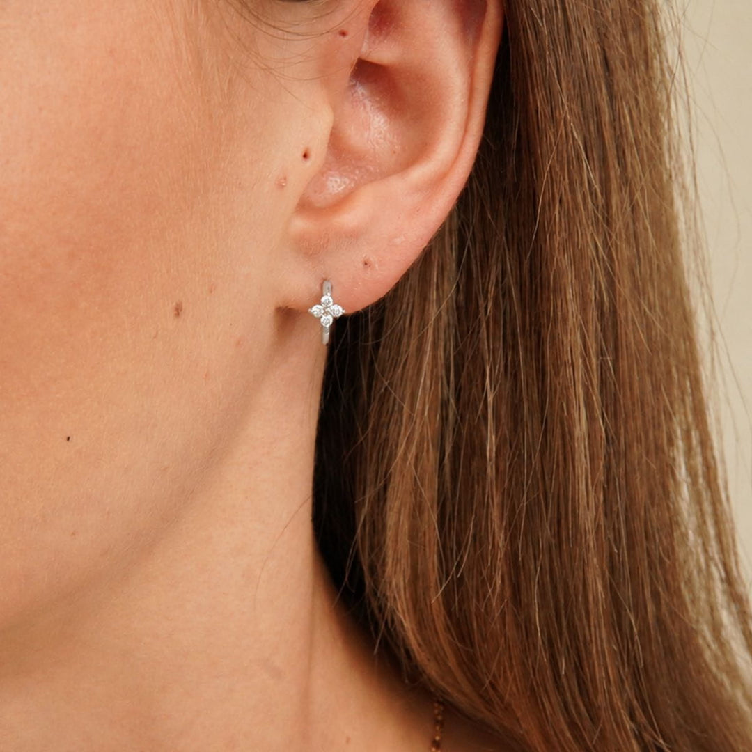 Veya Silver Floral Sparkle Huggie Earrings