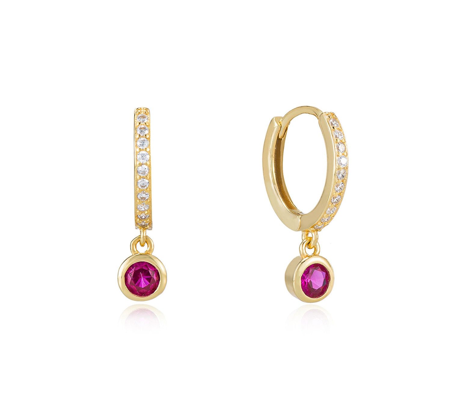 Rose Pink Bezel Drop Hoop Earrings Gold