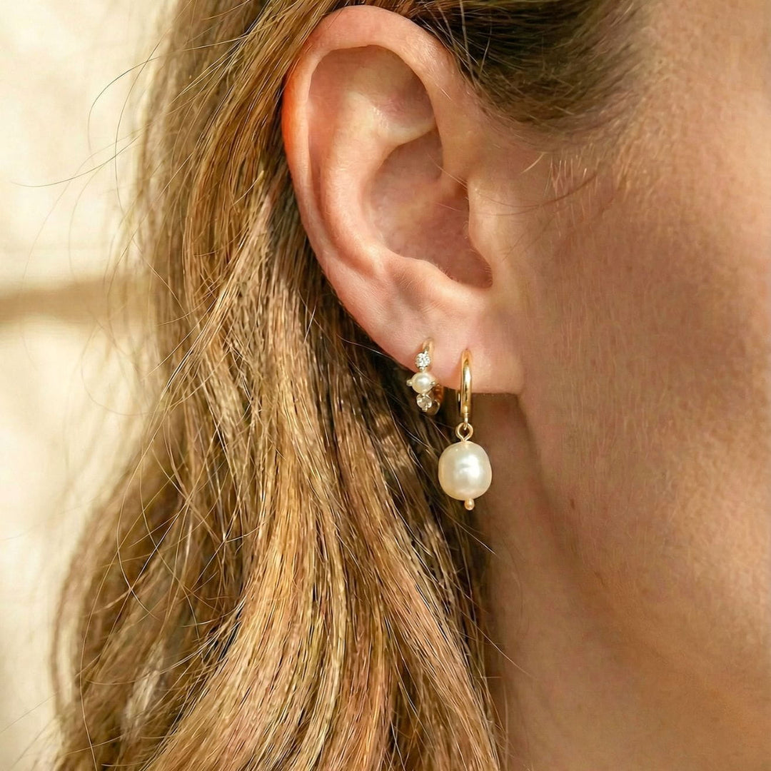Vivek Gold Pearl Huggie Earrings stacked with pearl drop
