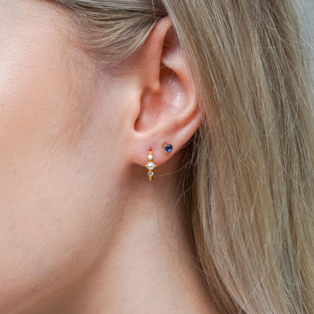 Vivek Silver Pearl CZ Huggie Hoop Earrings-Sterling Silver Earrings-LYANG & CO.