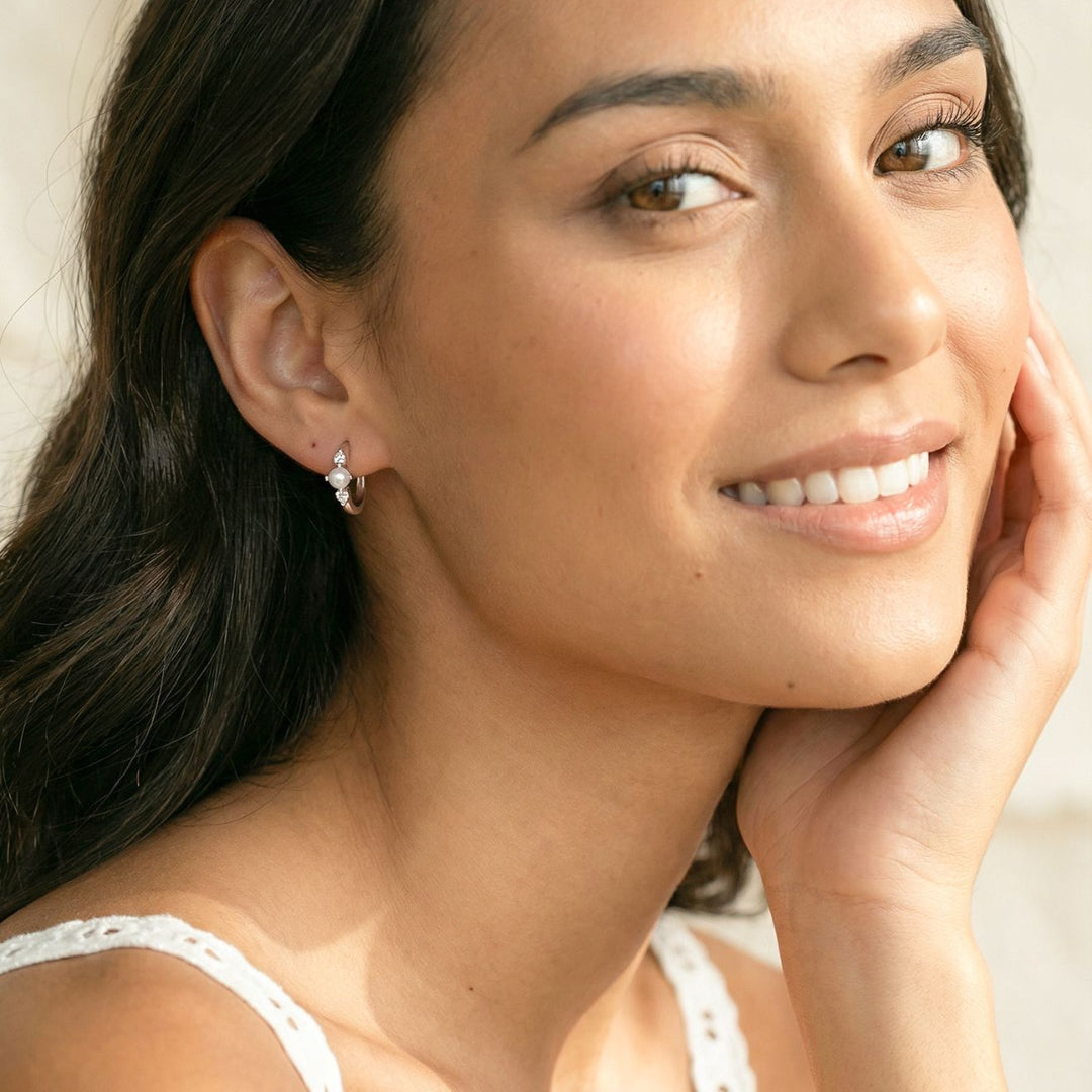 9mm Pearl Huggie Hoop Earrings on Model