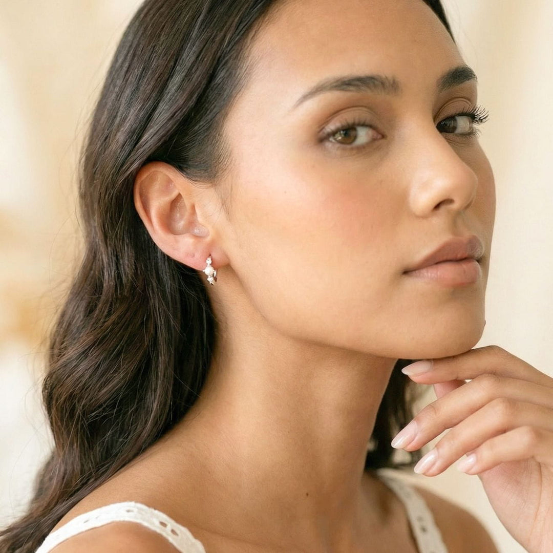 Vivek Pearl Huggie Earrings Silver on Model