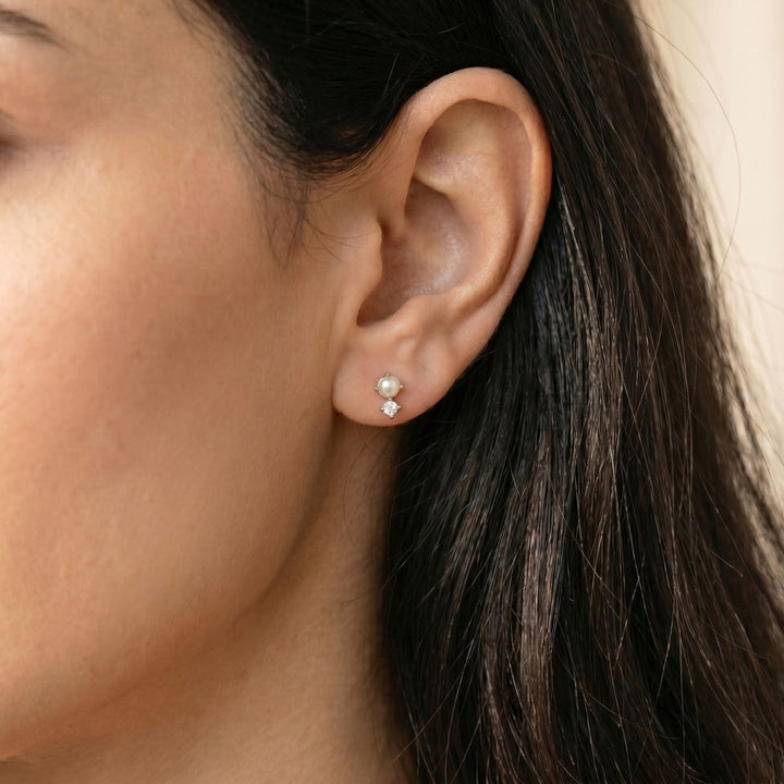 Vivienne Pearl Sparkle Stud Earrings Silver