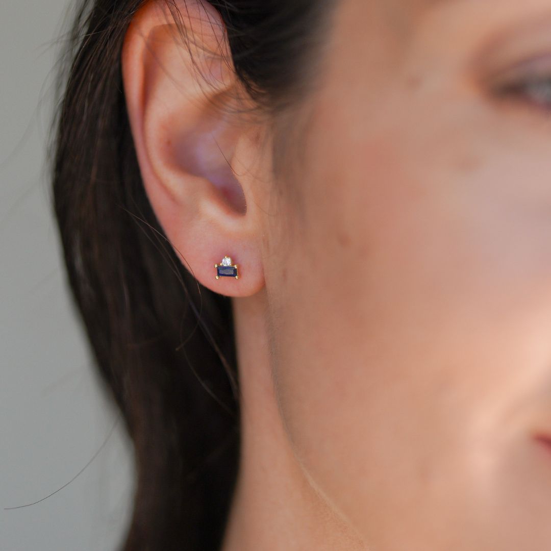 Navy Blue CZ Gold Stud Earrings-Sterling Silver Earrings-LYANG & CO.