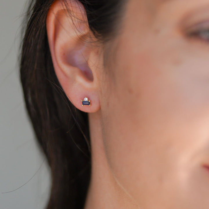 Navy Blue CZ Gold Stud Earrings-Sterling Silver Earrings-LYANG & CO.