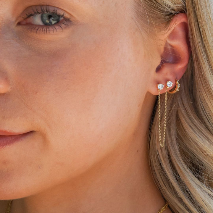 Isla Sparkly 14K Gold Double-Stud Chain Earrings-Sterling Silver Earrings-LYANG & CO.