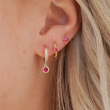 Violet Pink Bezel Drop Hoop Earrings Gold