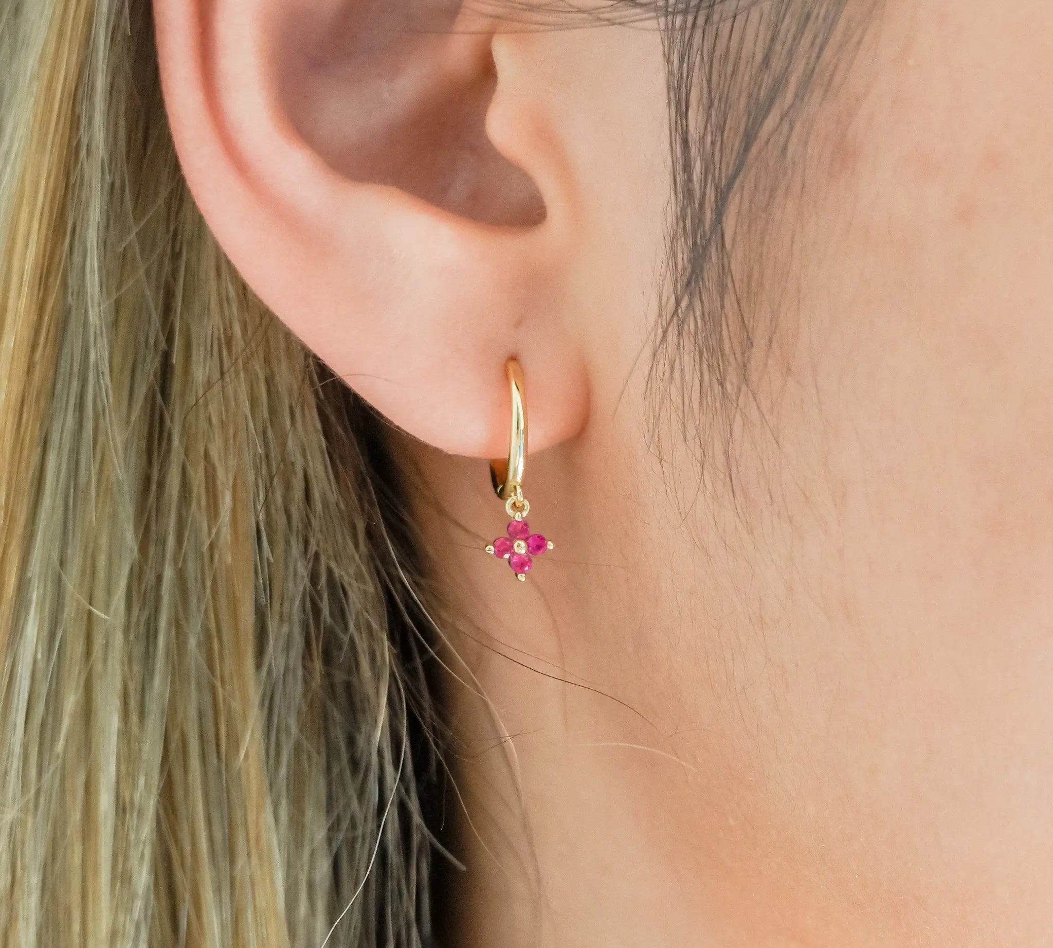 Rose Pink Flora Drop Huggie Earrings Gold on model