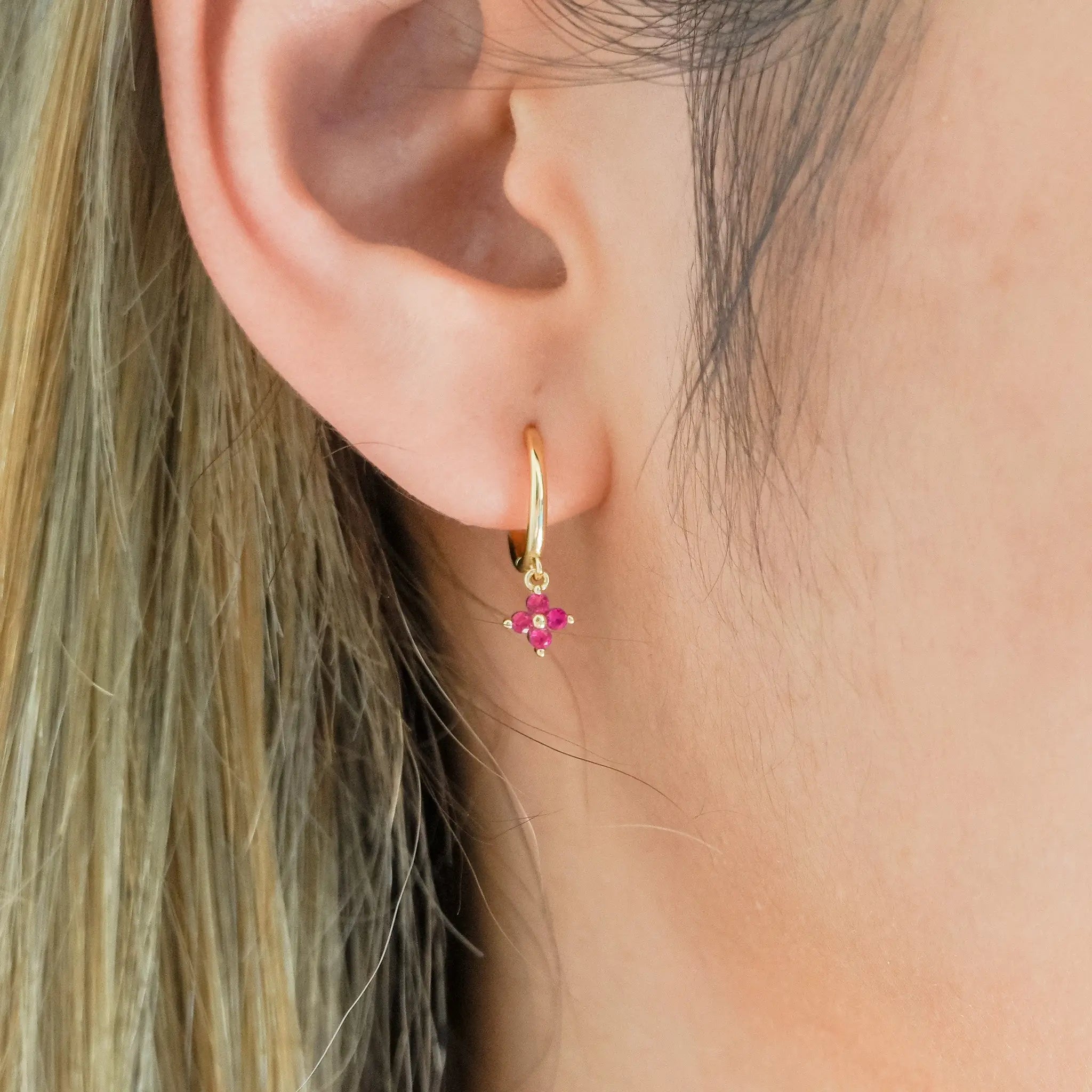 Rose Pink Flora Drop Huggie Earrings Gold on model