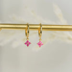 Rose Pink Flora Drop Huggie Earrings Gold on display