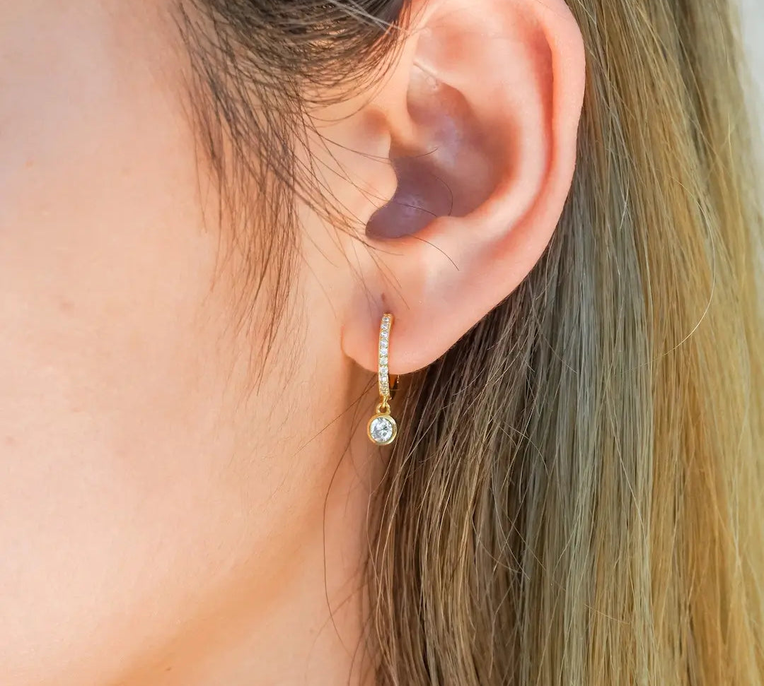 Bezel Drop Hoop Earrings Gold on model