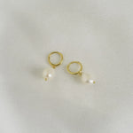 Freshwater Pearl Drop Huggie Earrings Gold close shot
