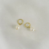 Freshwater Pearl Drop Huggie Earrings Gold close shot