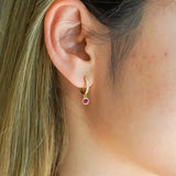 Rose Pink Bezel Drop Hoop Earrings Gold on model