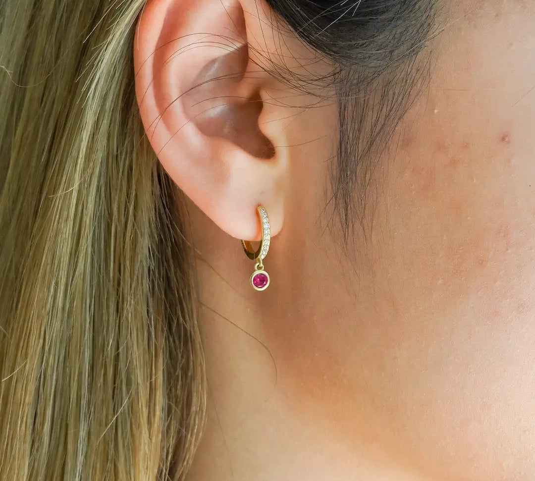 Rose Pink Bezel Drop Hoop Earrings Gold on model